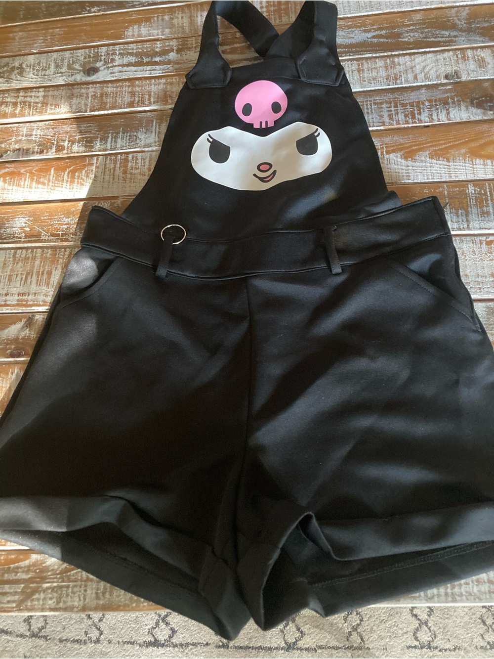 Black One-Piece Kuromi Romper with Pink Skull Detail